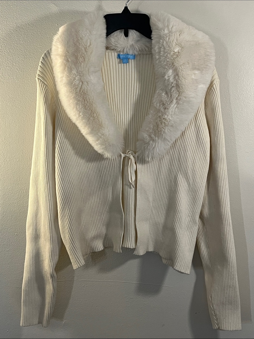 Draper James Ivory Ribbed Cardigan with Plush Shawl Collar